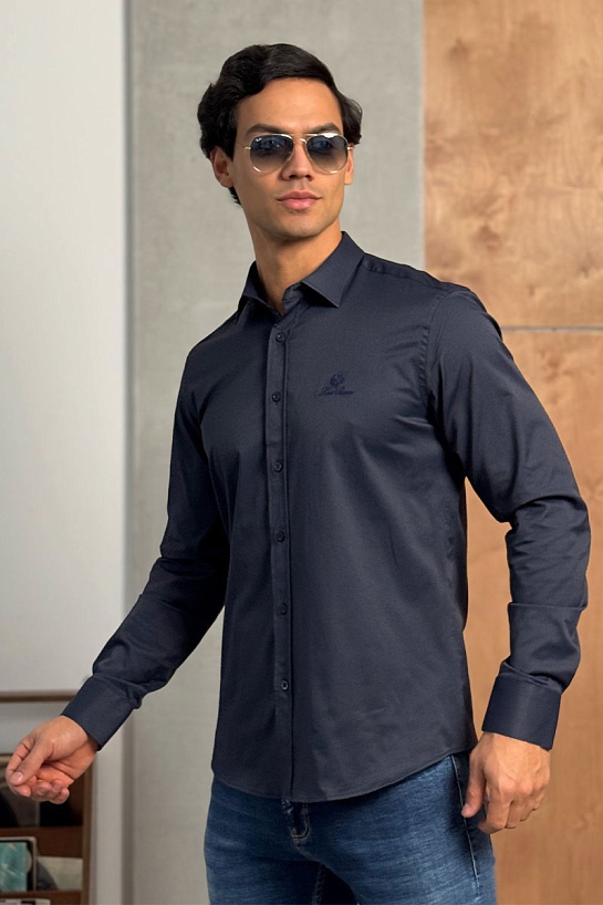 Мужская тёмно-синяя рубашка Loro Piana logo-embroidered