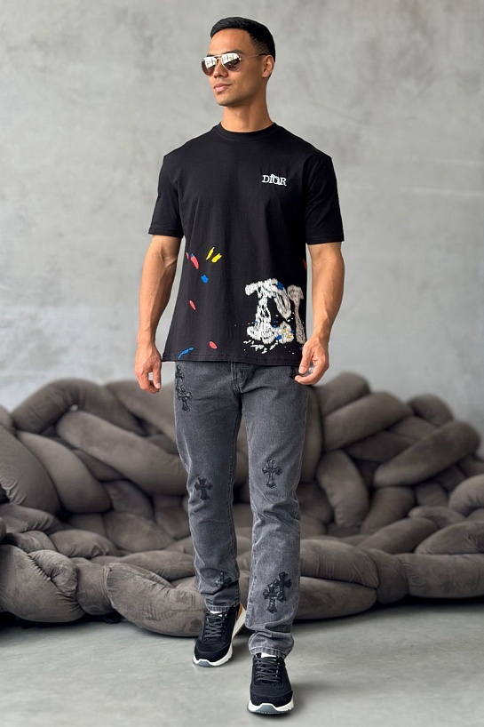 Мужская чёрная футболка Dior paint-splatter