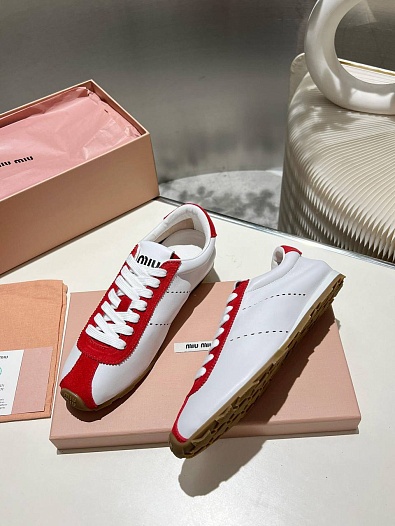 Женские кожаные кроссовки MIU MIU Premium - White / Red   