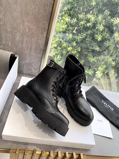 Женские кожаные ботинки Celine Premium - Black   