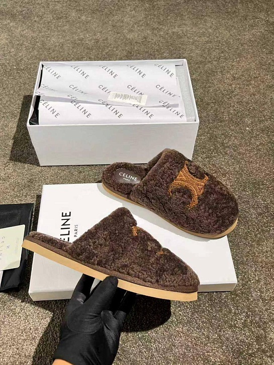 Женские меховые шлёпанцы Celine Triomphe premium