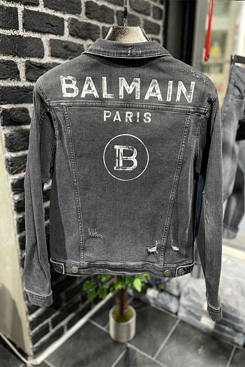 Мужская джинсовая куртка Balmain Paris logo - Grey   