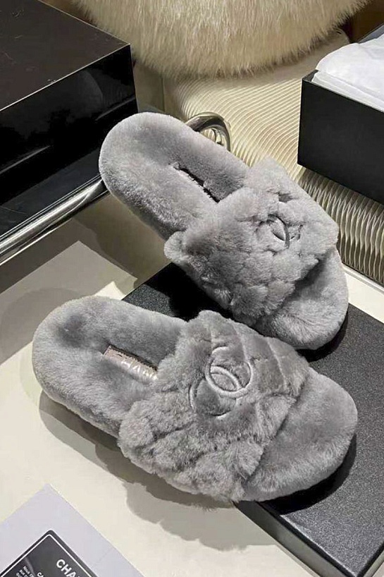 Женские меховые шлёпанцы Chanel Oran premium - Grey