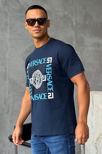 Мужская синяя футболка Versace logo-print   