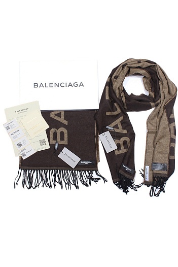 Брендовый коричневый шарф с логотипом Balenciaga 185x35 см   