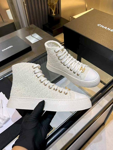 Женские комбинированные кроссовки Chanel High Top premium   