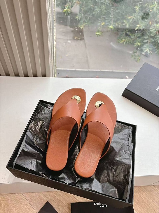 Женские кожаные шлёпанцы Yves Saint Laurent Premium - Brown